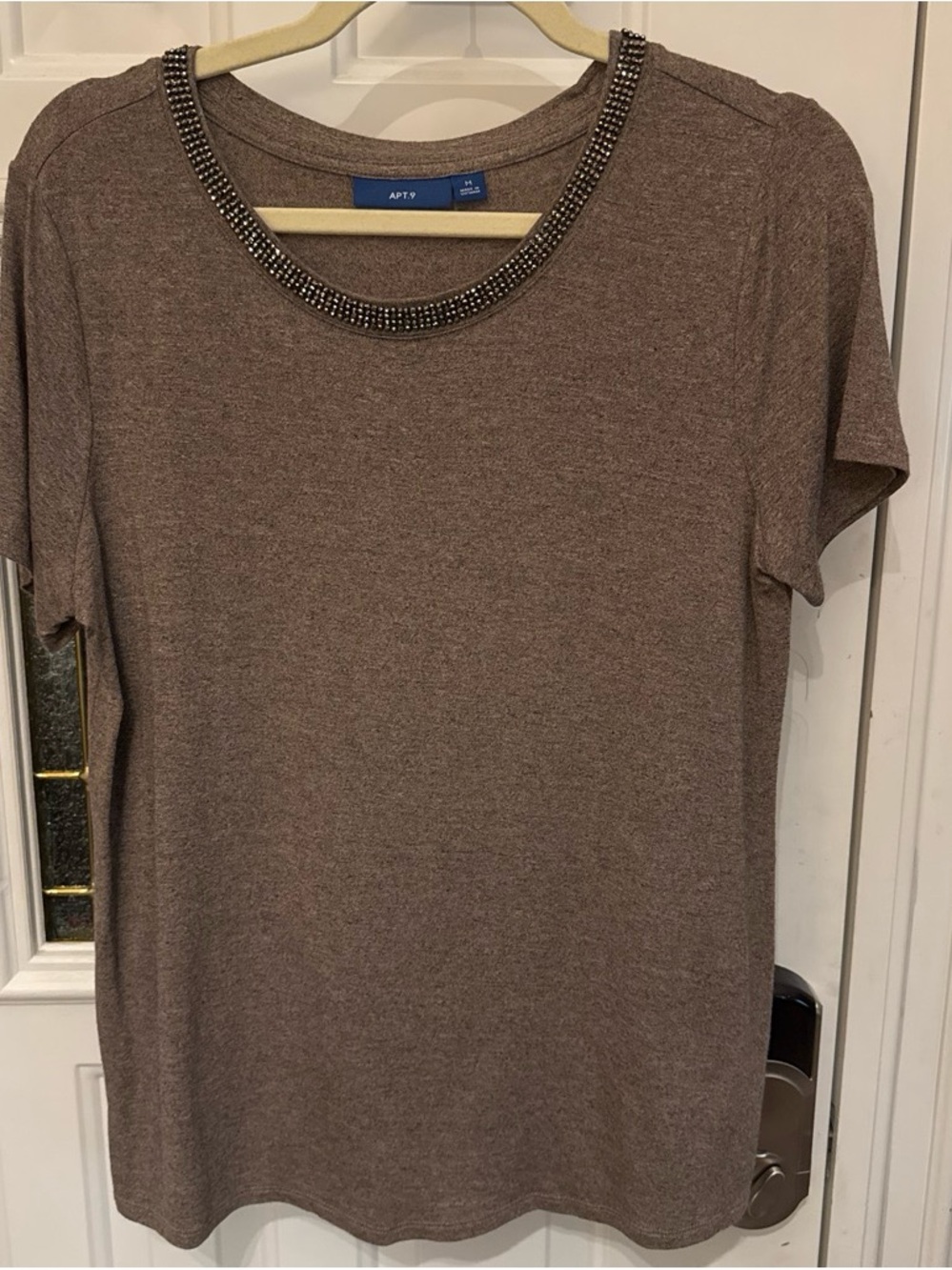 Apt. 9 Women's Embellished Neckline Short Sleeve Top - Brown Marl - Size M
